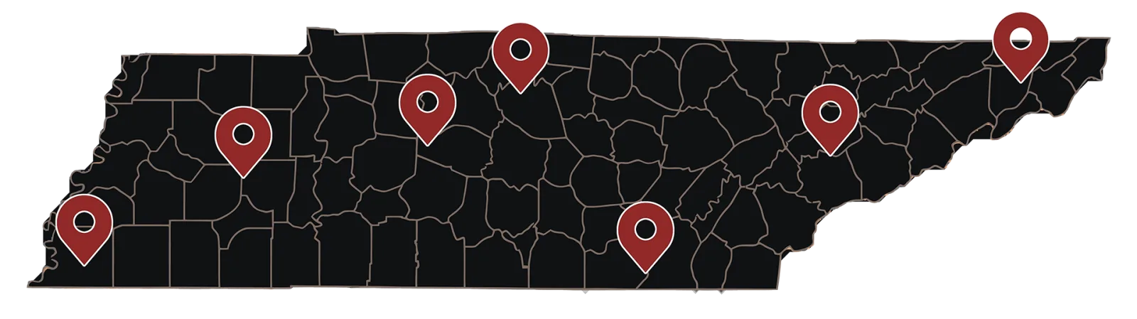 Map of Wolcott Drinking Post service areas across Tennessee